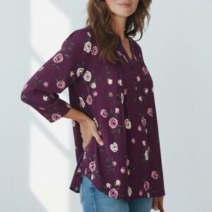 Purple Floral Print V-Neck 3/4 Sleeve Rayon Blouse Women's Size S NWOT